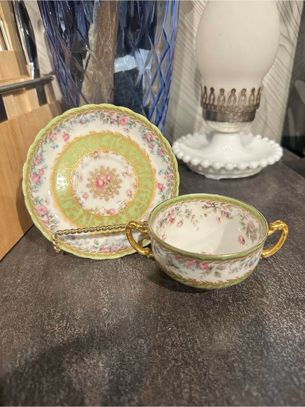 Haviland Porcelain Two-Handled Soup Cup and Saucer in Green, Pink and Gold